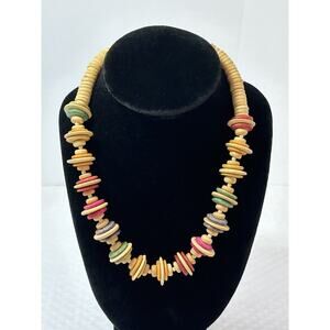 Boho Chic Fashion Wood Rainbow Disc 18” Necklace Vintage Estate Chunky Funky WOW